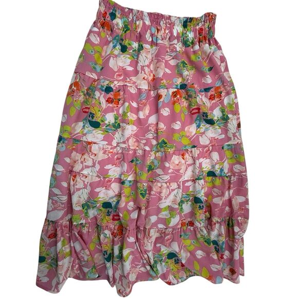 Calessa Tiered Floral Maxi Skirt Size Large Pink Cottage Prairie Boho Lined - Picture 3 of 10